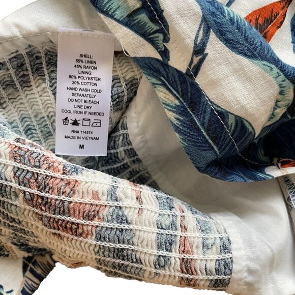 Robin K Sheath Mini Dress Medium White Blue Linen-Cotton Lined Wide Straps Leave - Picture 14 of 16